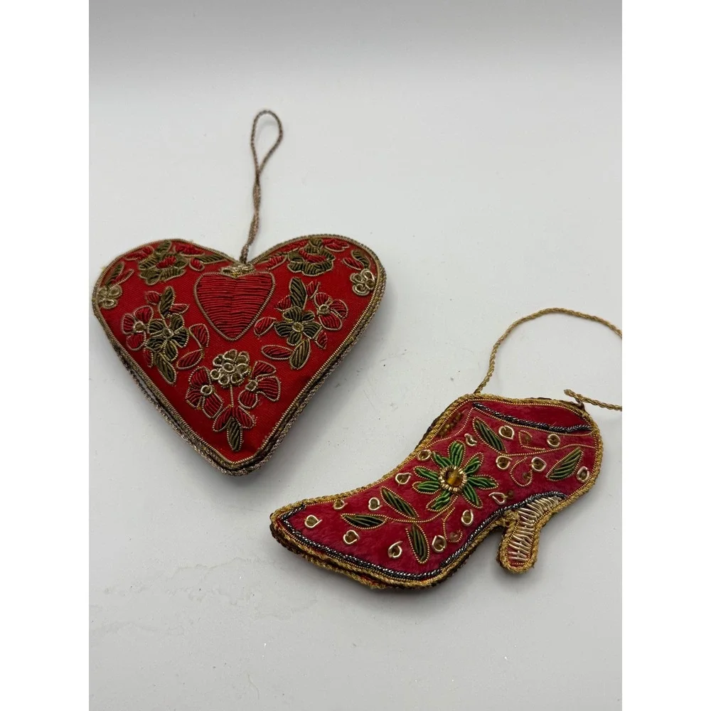 Vintage Zardosi Embroidered Red Fabric Heart and Shoe Ornament Set 2pc